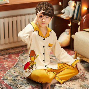 男童纯棉睡衣长袖秋冬季中大小男孩开衫空调房休闲睡衣套装长袖