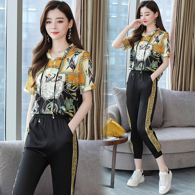 印花运动服套装女夏季2020新款连帽上衣休闲裤两件套潮|ru