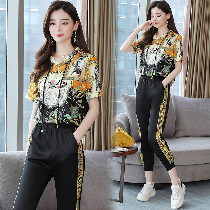 印花运动服套装女夏季2020新款连帽上衣休闲裤两件套潮|ru