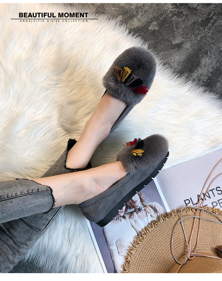 Giày lười nữ lót lông giữ ấm mũi tròn đế bệt — Màu xám, Màu đen chi tiết 19