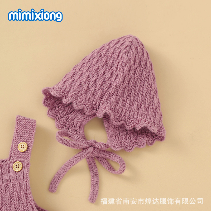 ins熱賣款秋季嬰幼兒純色吊帶連體包屁哈衣+木耳邊保暖帽套裝