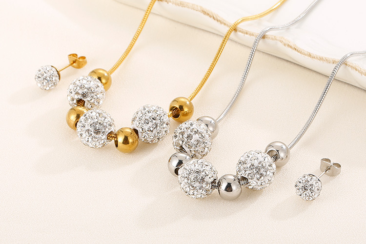 Korean temperament rhinestone small round bead necklace earring set stainless steel steel ball jewel