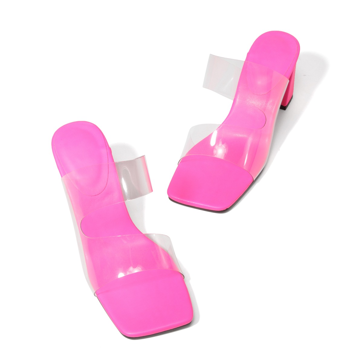 Candy-colored sandals Fashion high heels Transparent PVC flip-flops with high heels and square toe_voghion.com