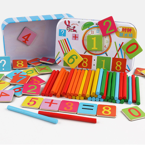 Iron box with counting rods for children's math teaching tools, kindergarten children's addition and subtraction toys, colorful wooden sticks arithmetic magic tool