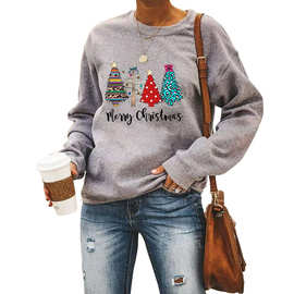 亚马逊热卖女卫衣 圣诞树Merry Christmas字母印花圆领长袖卫衣
