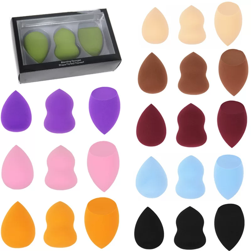 Makeup sponge set, 3-piece water-drop & gourd shapes, non-latex, expands when wet