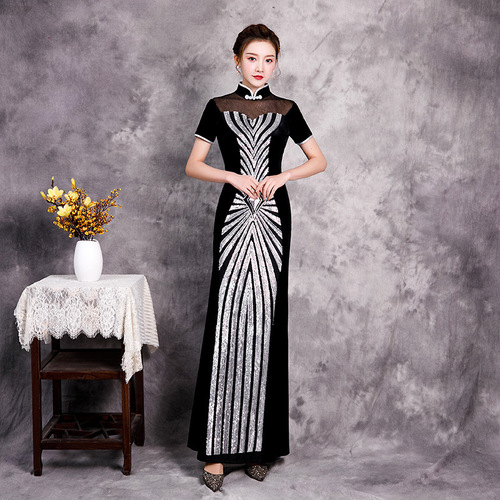Chinese Dress Qipao Gold suede Sequin style retro cheongsam long dress large women