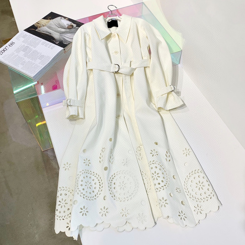 Shenzhen Nanyou Original Single Private Canal Cattle Trench Coat Celebrity Style Hollow Burned Flower Lace Wave Edge Long Trench Coat Shenzhen Nanyou Original Single Private Canal Cattle Trench Coat Celebrity Style Hollow Burned Flower Lace Wave Edge Long Trench Coat