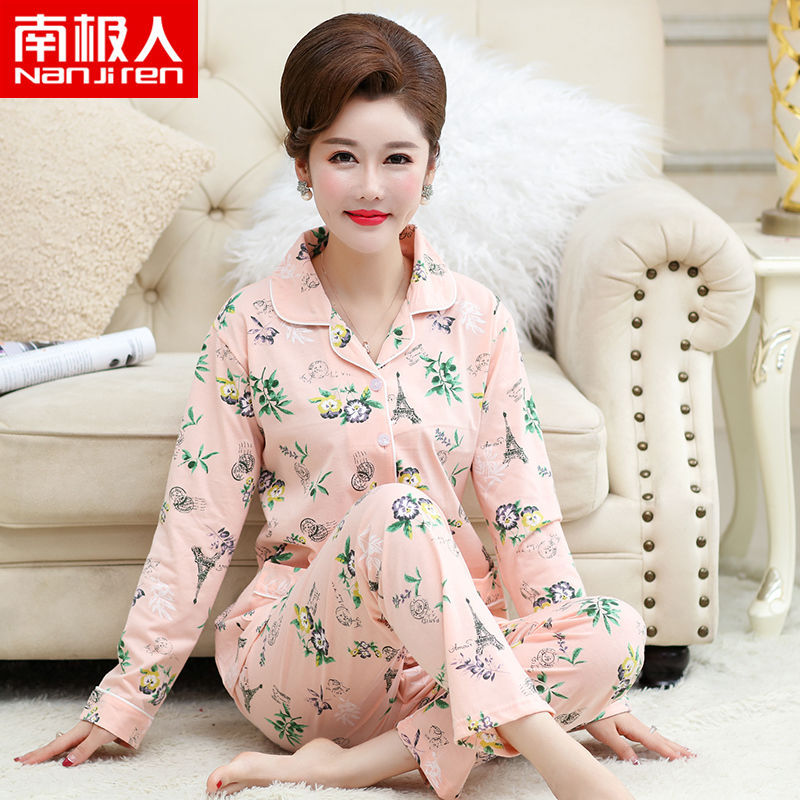 100% pijamas de algodón para madres de mediana edad y ancianos Primavera y otoño cardigan de manga larga casual más tamaño traje de desgaste para el hogar