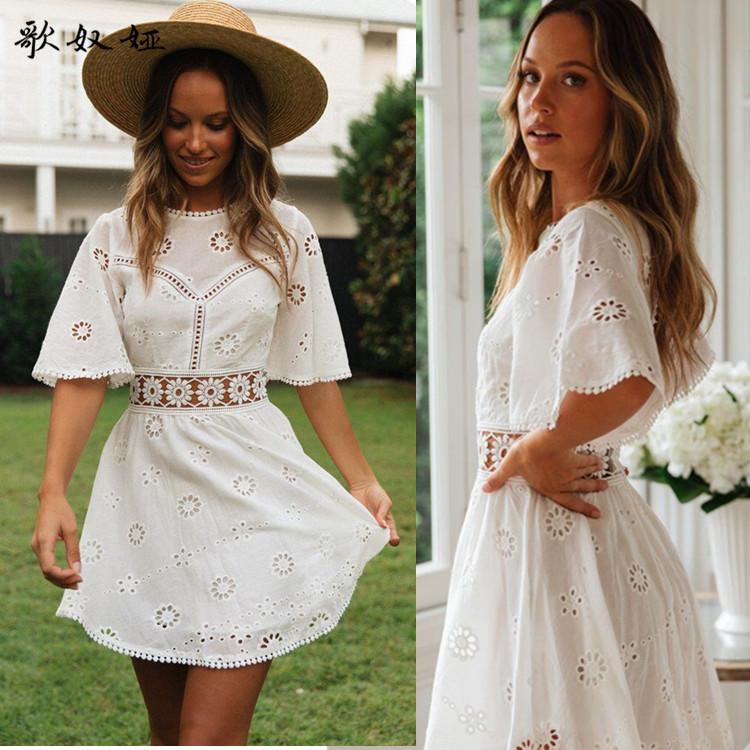 歌奴娅外贸 2021新性感镂空棉布刺绣短袖露背跨境女装连衣裙欧美