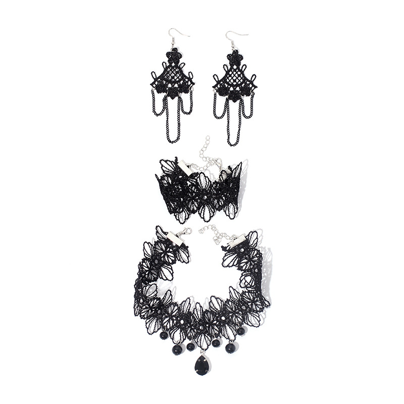 Korea Gothic Style Black Lace Flower Tassel Earrings Necklace Bracelet Set  For Women  Wholesale display picture 8