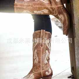 外贸新款女尖头人造PU复古女式皮靴套筒骑士靴防滑罗马靴中跟女鞋