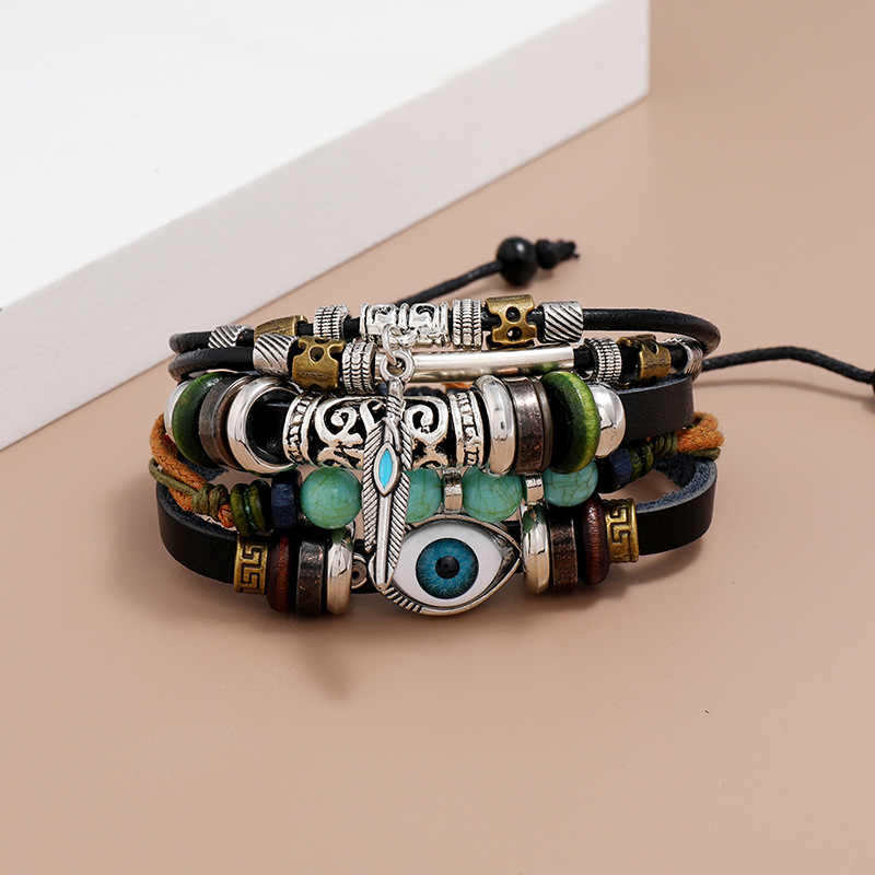 Hot-selling New Multi-layer Beaded Blue Eyes Cowhide Adjustable Trendy Bracelet display picture 1