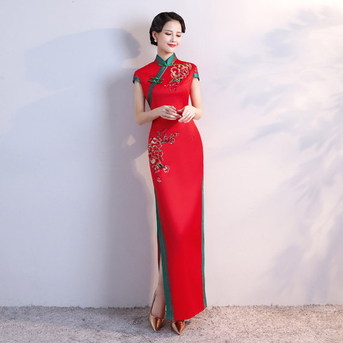 Dark green red flowers Catwalk show thin cheongsam host singers Chinese Dresses Retro Qipao new femal elegant Chinese style of cultivate qipao skirts