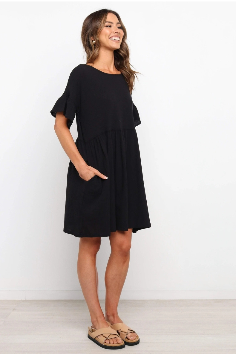 ruffled solid color round neck short-sleeved dress Nihaostyles wholesale clothing vendor NSJRM72230