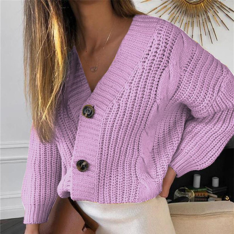 Amazon Otoño e Invierno casual de manga larga botón suéter cardigan abrigo mujer suelta lana gruesa giro suéter ropa exterior