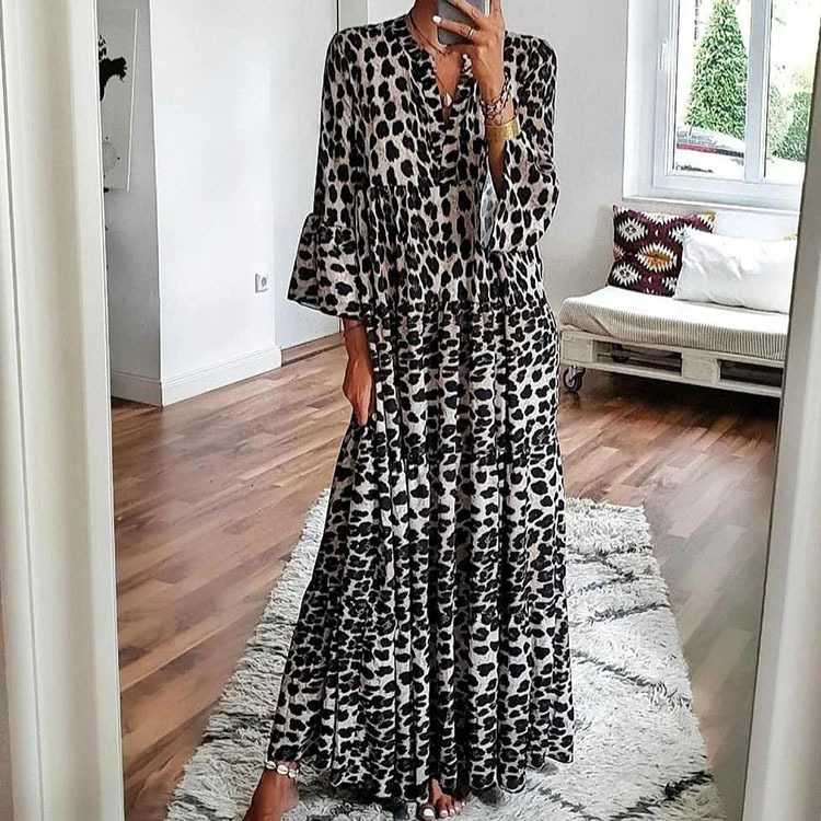 Rochie lungă boho cu imprimeu leopard pentru femei primăvară_voghion.com
