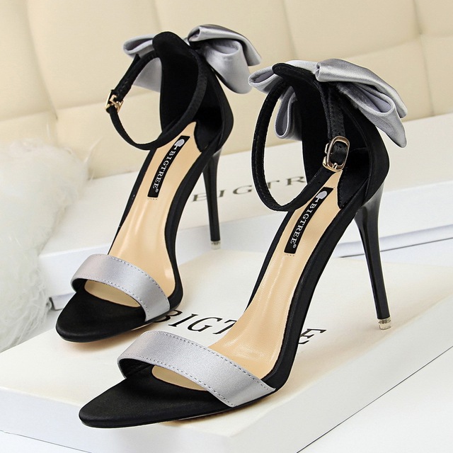 Korean fashion stiletto high-heeled silk color block with bow sandals