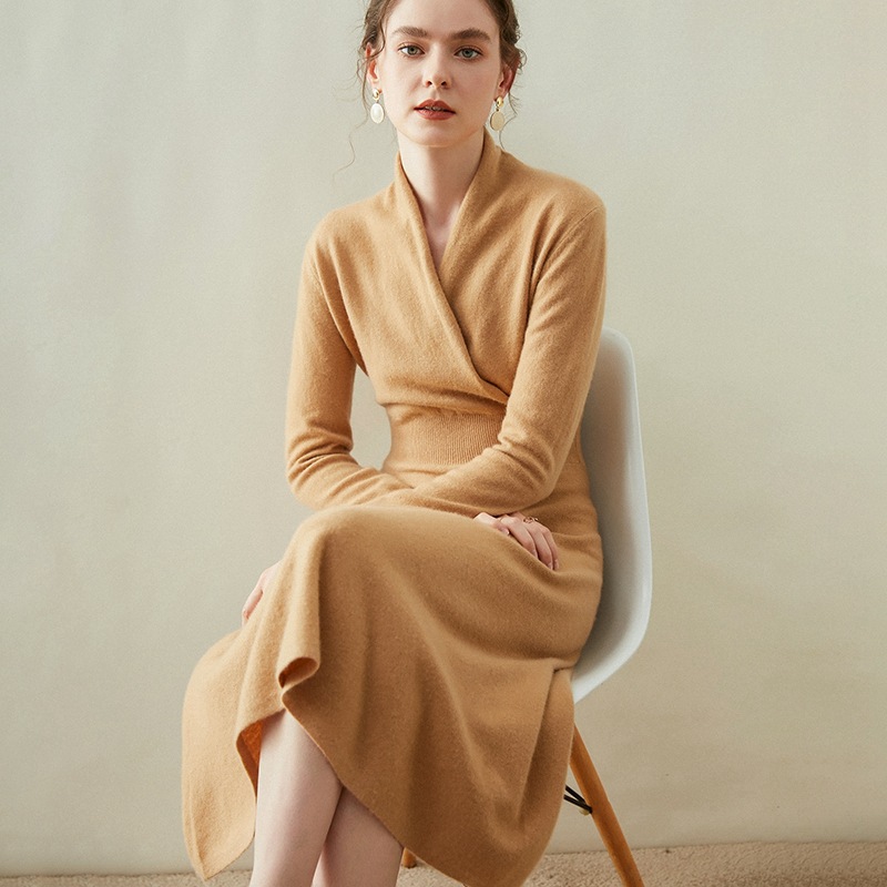 Chest-Wrapping Jumpsuit Cross V-neck Base Cashmere Sweater Women's Mid-length A- line Tight Waist Over-knee Elegant Sweater Dress