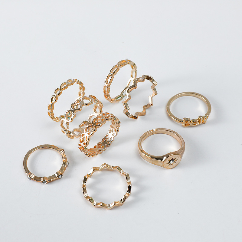Korea Fashion Metal Diamond Ring Simple Retro Hollow Love Geometry 9 Piece Set Wholesale Nihaojewelry display picture 2