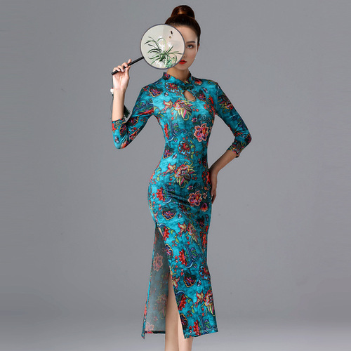 Green floral printed Latin Ballroom dance dresses qipao for women girls restoring ancient classical dance qipao model show stage performance costumes