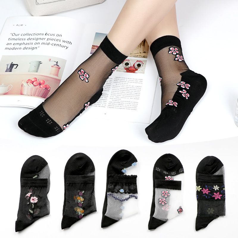 春夏女士水晶丝玻璃丝袜女耐穿棉底丝袜中筒花朵性感冰丝袜玫瑰袜|ru