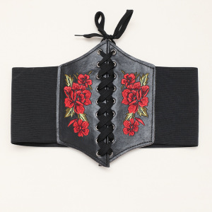 Women retro rose flowers latin ballroom dance wide waistband sashes lady fashion embroidered roses superwide lady tie-in dress elastic waist belt leather