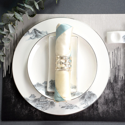 高档会所骨瓷餐具8件套酒店摆台10.5寸陶瓷盘子毛巾托定制logo