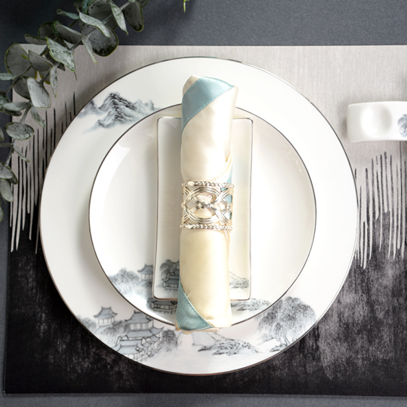 高档会所骨瓷餐具8件套酒店摆台10.5寸陶瓷盘子毛巾托定制logo