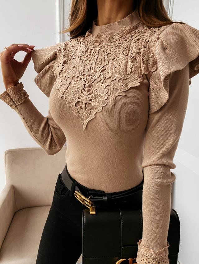 lace Long-Sleeved Solid Color Bottoming Top NSYF12444