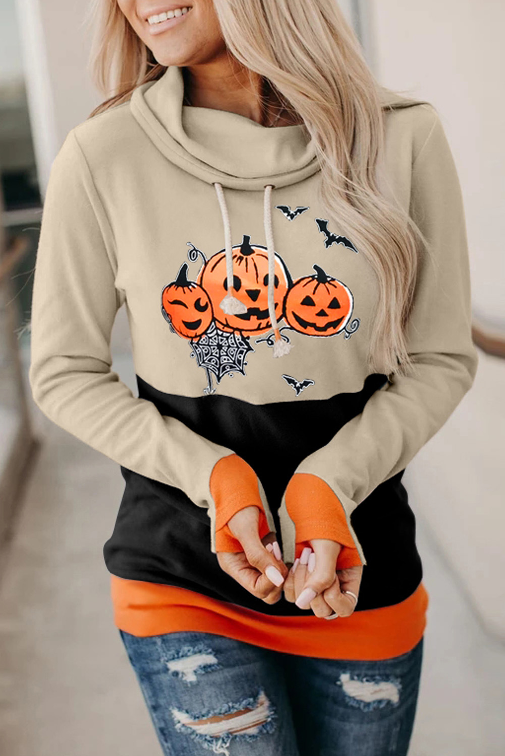 suéter de manga larga con estampado de dibujos animados de Halloween de contraste de cuello alto para mujer NSSI2345