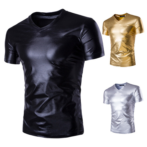 Men's jazz dance stage performance silver gold T-shirt V-neck shiny nightclub costume sexy men's short-sleeved T-shirt