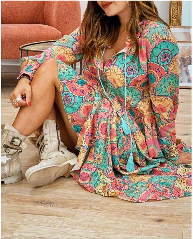 New European and American women's foreign trade dress in summer 2020 Amazon eBay popular V-Neck long sleeve Printed Dress