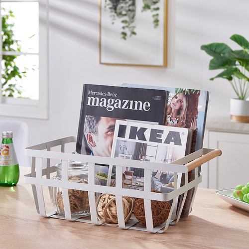 Japanese iron art storage basket vegetable storage basket double wooden handle beverage magazine storage frame household storage basket