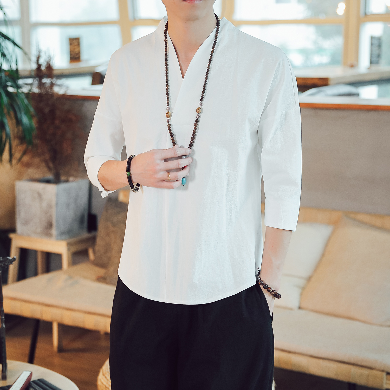 夏季汉服男古风短袖古装T恤中式禅服七分袖衬衫潮流盘扣男装上衣