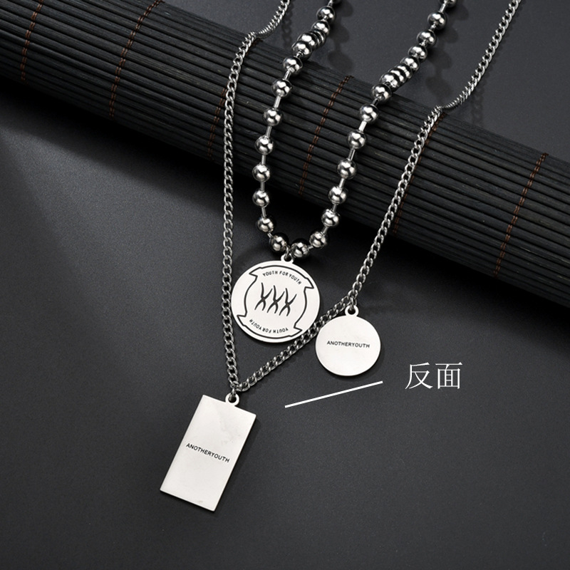 The New Hip-hop Bungee Multi-layer Necklace Stacking Suit Round Bead Titanium Steel Letter Military Brand Punk Necklace display picture 2