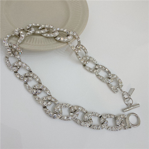 European and American style fashionable Cuban full-diamond chunky chain necklace choker, personality ultra-cool neck chain, trendy clubbing collar