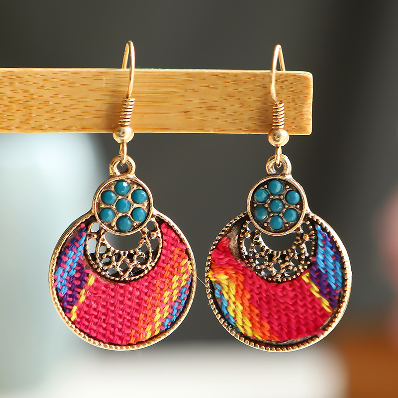 1 Pair Ethnic Style Round Cloth Metal Plating Inlay Artificial Gemstones Women's Drop Earrings display picture 3