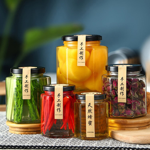 Can bottle hexagonal glass bottle hexagonal honey bottle with lid transparent chili sauce sealed jar empty