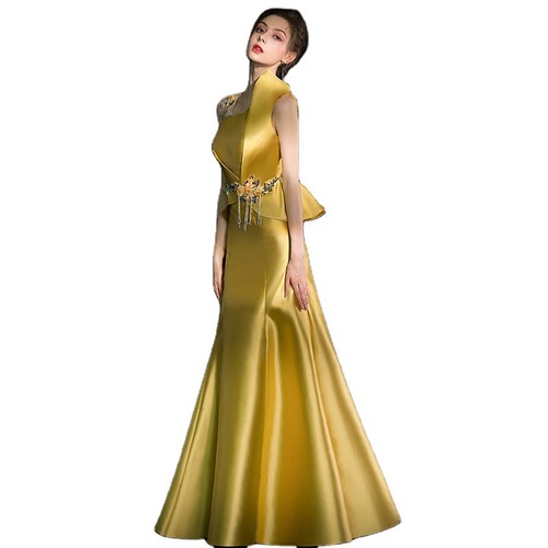 Golden evening party dress for women Banquet cocktail long fishtail mermaid dress host annual miss etiquette party show dresses