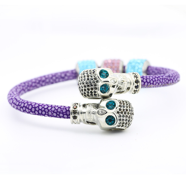 Manufacturer Design DIY Hand-bonded Purple Devil Fish Skin Round Rope Genuine Leather Bracelet Stainless Steel Fish Skin Bracelet Order