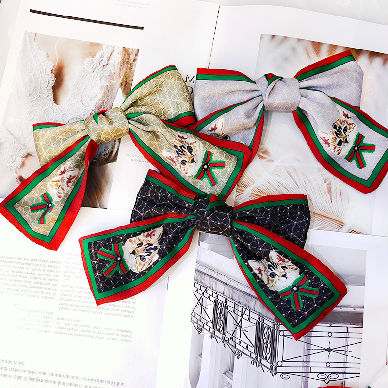 Korean Kitty Big Bow Hair Band Retro Silk Hairpin Stripe Printing Headband Wholesale Nihaojewelry display picture 27