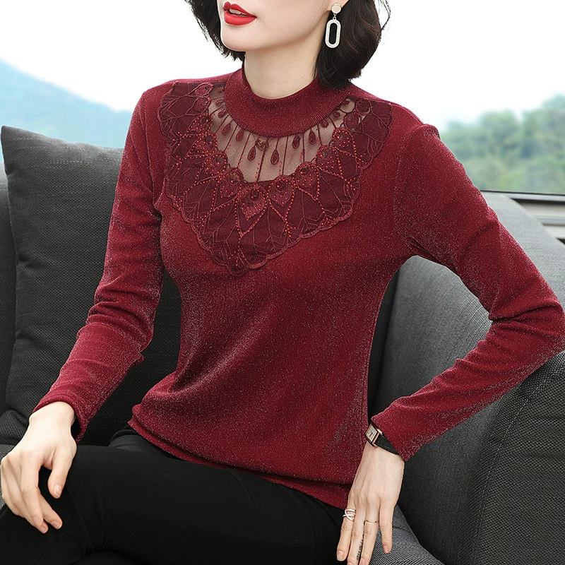 Футболка с длинным рукавом Женская Осень-зима 2022 Новинка больших размеров обтягивающая черная Базовая рубашка с половинным воротником Яркий шелковый сетчатый топ