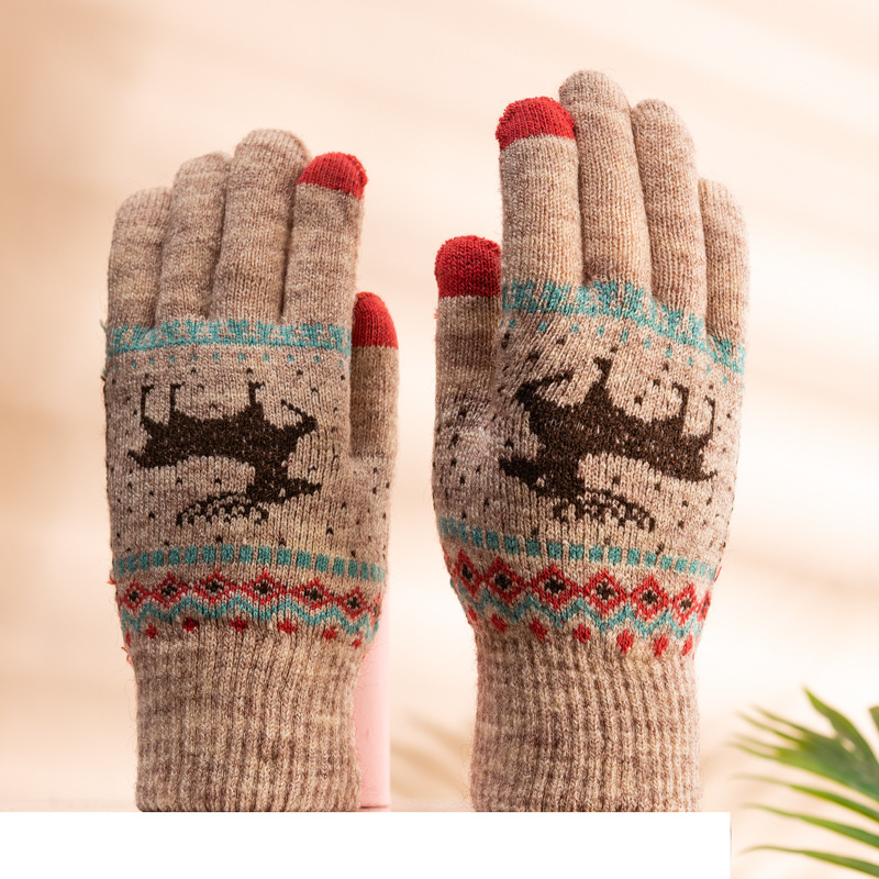 Touch Screen Fawn Cute Double Thickened Men's Gloves Female Students Winter Five Fingers Warm Student Riding Knitted Cold-proof