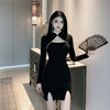 Standing collar and button hollowed out low chest double slit cheongsam skirt buttock skirt long sleeve dress