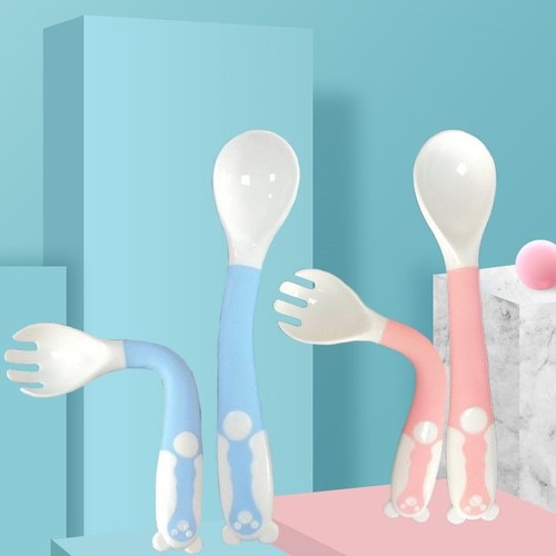 Baby spoon can be bent to eat, training fork and spoon set, newborn children's tableware, food supplement, elbow soft spoon, twisting spoon