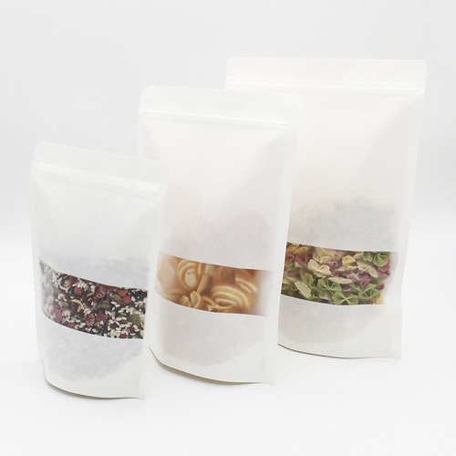 Factory Direct Sales Matte White Paper Window Self-standing Bag Kraft Paper Nut Packaging Bag Flower Tea Grains Sealing Bag 