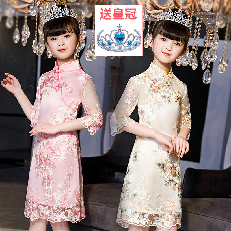 女童旗袍中袖汉服中国风童装女孩古装唐装连衣裙汉服襦裙儿童裙子