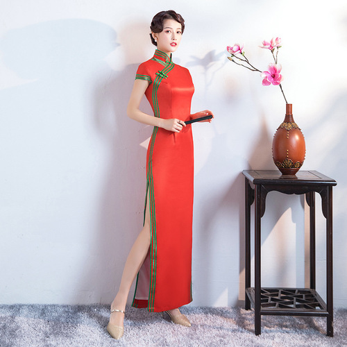 Dark green red chinese dresses qipao for women Old Shanghai retro oriental cheongsam female miss etiquette catwalk singers host tage performance plus size long dress