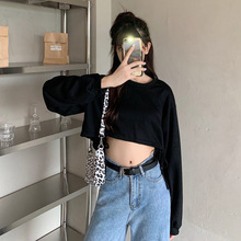 秋季新款衣服女泫雅风长袖宽松纯色T恤韩版心机短款露脐白色上衣